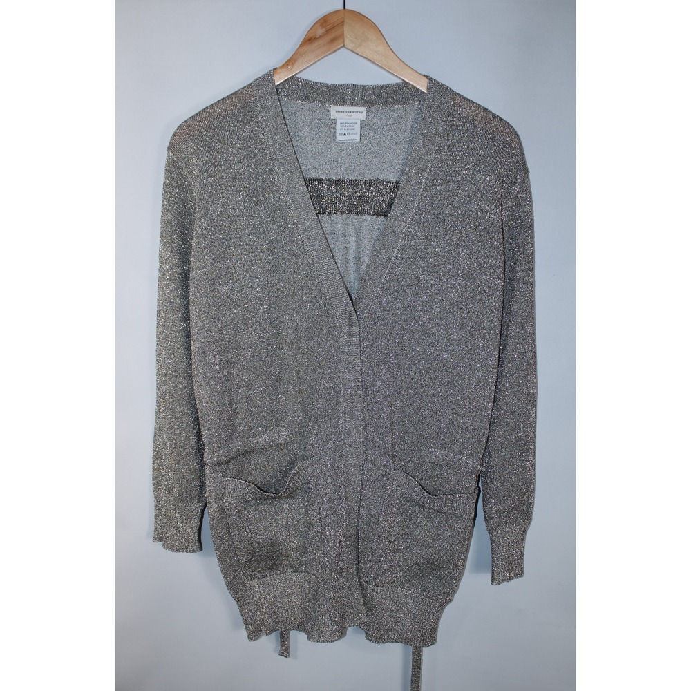 Dries Van Noten Women's Small Metallic Long Sleeve Snap Button Belted Cardigan